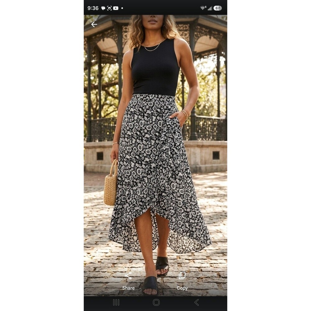 Max Studio Bohemian Chic Black Floral Wrap Style Skirt with Ruffle Hem Sz Large